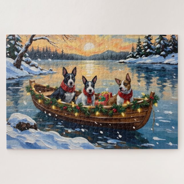 Bull Terrier Christmas Boat Holiday Jigsaw Puzzle (Horizontal)