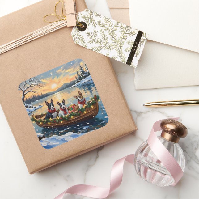 Bull Terrier Christmas Boat Holiday Square Sticker (Gifting)