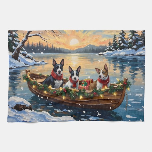 Bull Terrier Christmas Boat Holiday Tea Towel (Horizontal)