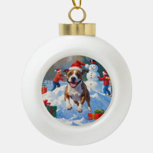 Bull Terrier Christmas Festive Snow Scene Ceramic Ball Christmas Ornament