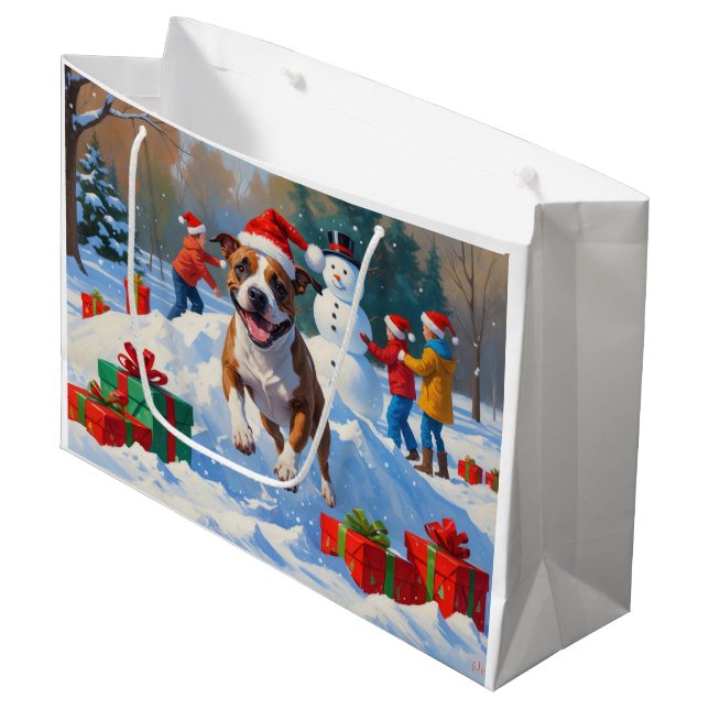 Bull Terrier Christmas Festive Snow Scene Large Gift Bag (Front Angled)