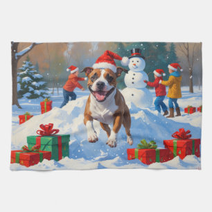 Bull Terrier Christmas Festive Snow Scene Tea Towel