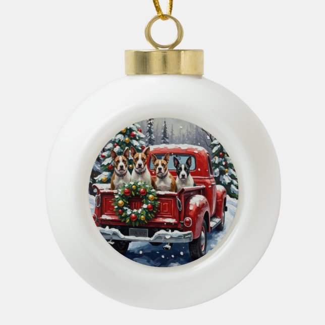 Bull Terrier Christmas Red Truck Holiday Ceramic Ball Christmas Ornament (Front)