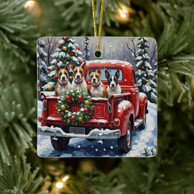 Bull Terrier Christmas Red Truck Holiday Ceramic Ornament (Tree)