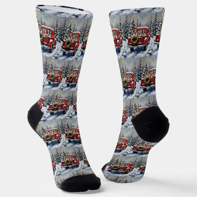 Bull Terrier Christmas Red Truck Holiday Socks (Angled)