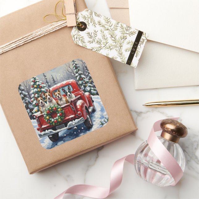 Bull Terrier Christmas Red Truck Holiday Square Sticker (Gifting)