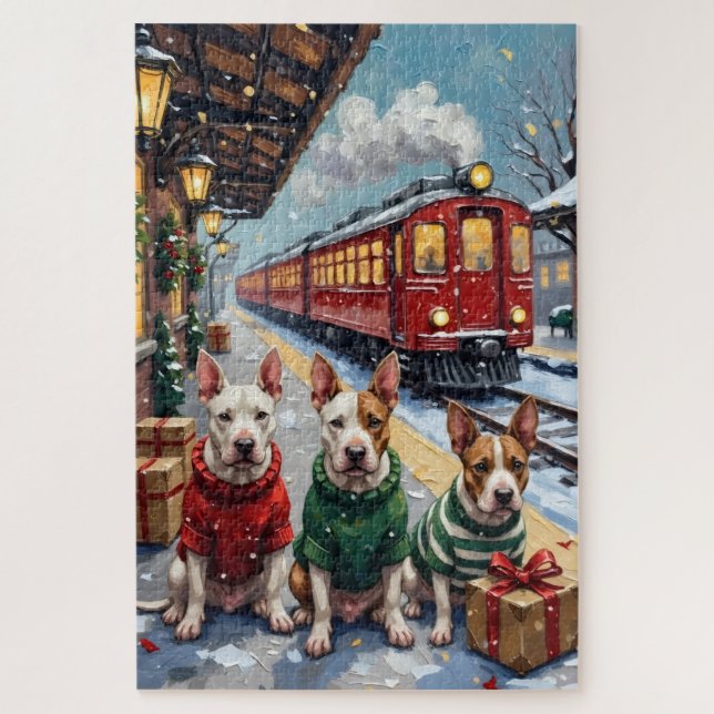 Bull Terrier Christmas Vintage Train Holiday Jigsaw Puzzle (Vertical)
