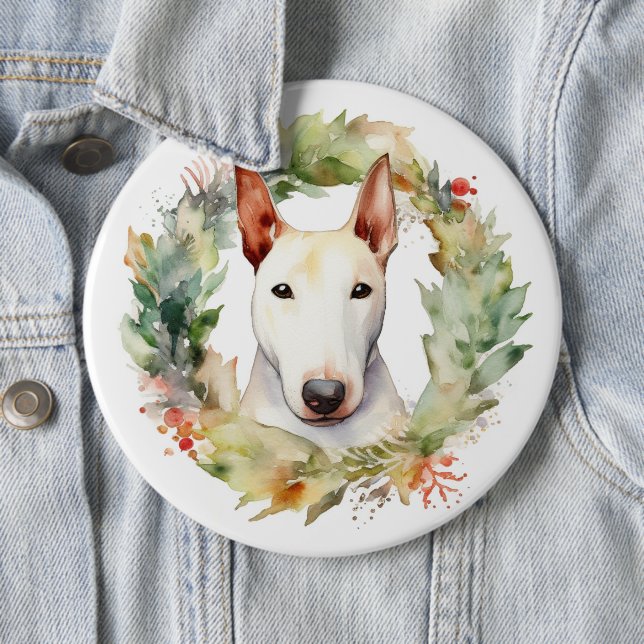 Bull Terrier Christmas Wreath Festive Pup  6 Cm Round Badge (In Situ)
