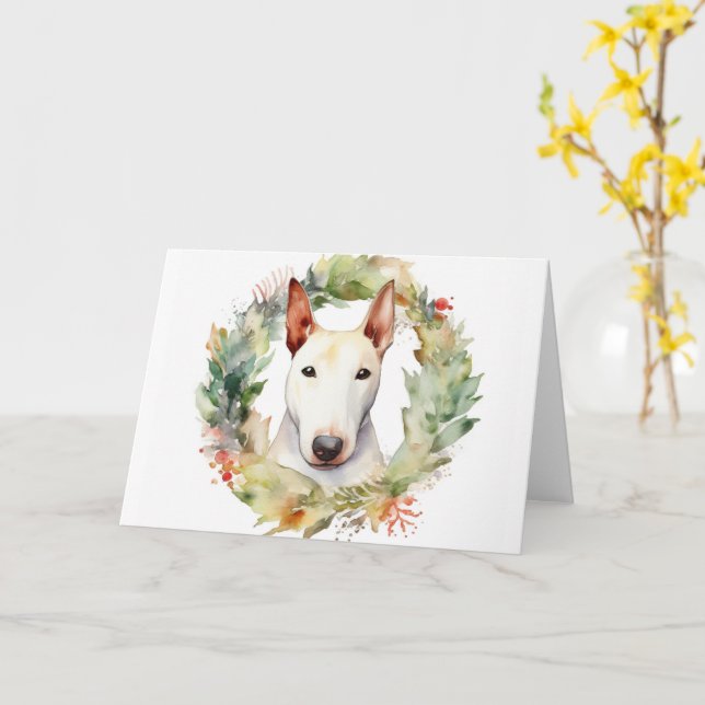 Bull Terrier Christmas Wreath Festive Pup  Card (Yellow Flower)