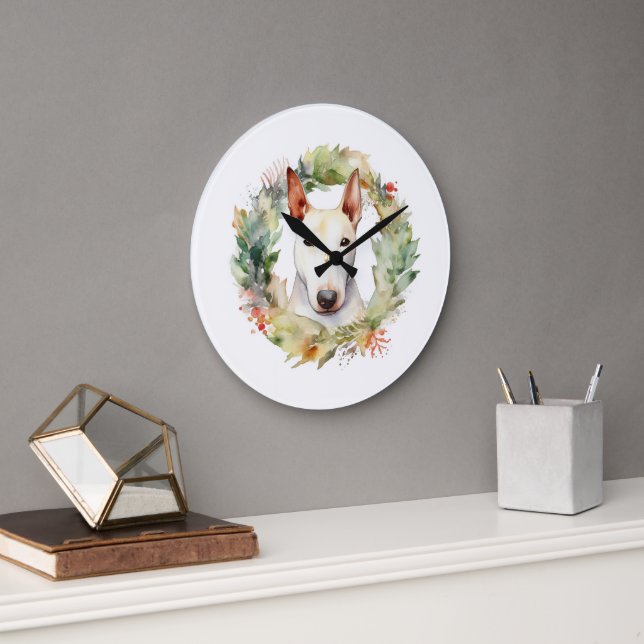Bull Terrier Christmas Wreath Festive Pup  Large Clock (Office)