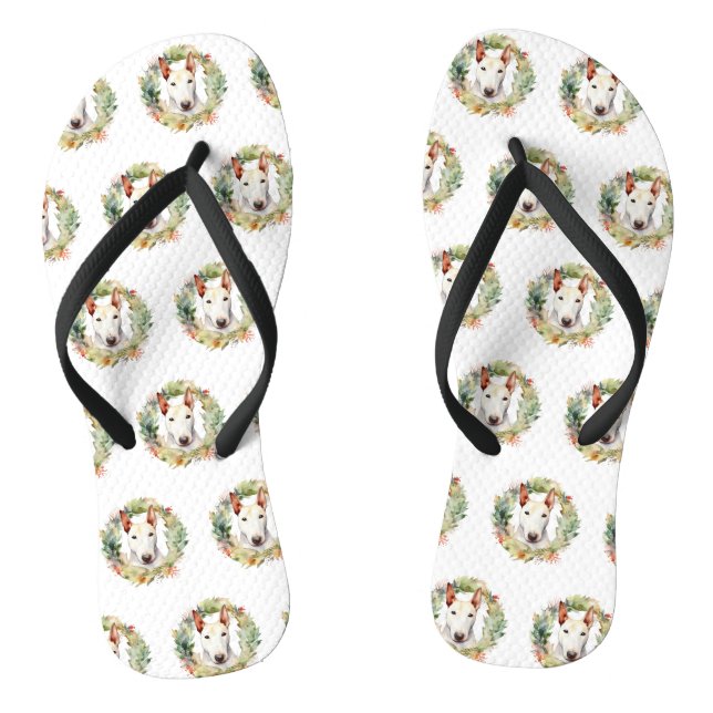 Bull Terrier Christmas Wreath Festive Pup  Thongs (Footbed)