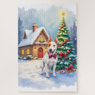 Bull Terrier Cosy Cottage Christmas Tree Art Jigsaw Puzzle
