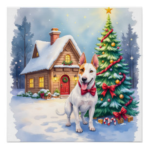 Bull Terrier Cozy Cottage Christmas Tree Art Poster