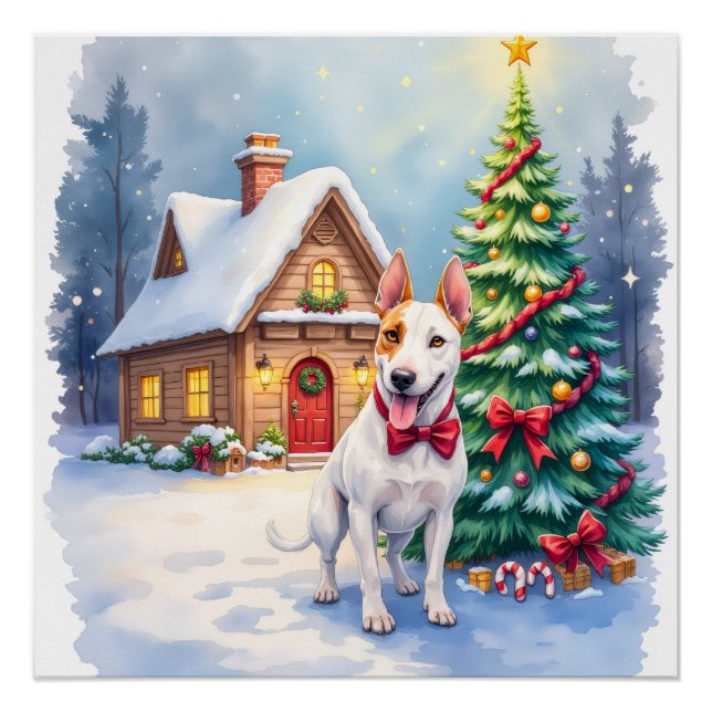 Bull Terrier Cozy Cottage Christmas Tree Art Poster (Front)