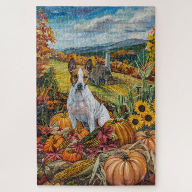 Bull Terrier Dog Autumn Harvest Thanksgiving Jigsaw Puzzle (Vertical)