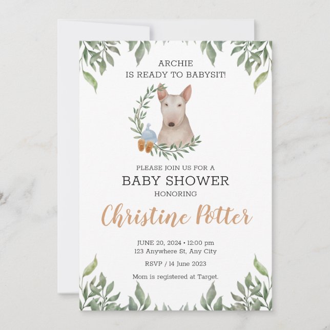 Bull Terrier Dog Boy Boho Greenery Baby Shower Invitation (Front)