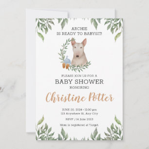 Bull Terrier Dog Boy Boho Greenery Baby Shower Invitation