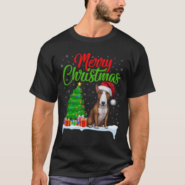 Bull Terrier Dog Christmas Tree Lights Funny Xmas  T-Shirt (Front)