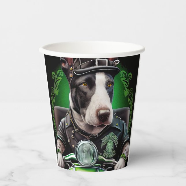 Bull Terrier Dog Driving Bike St. Patrick's Day Paper Cups (Front)