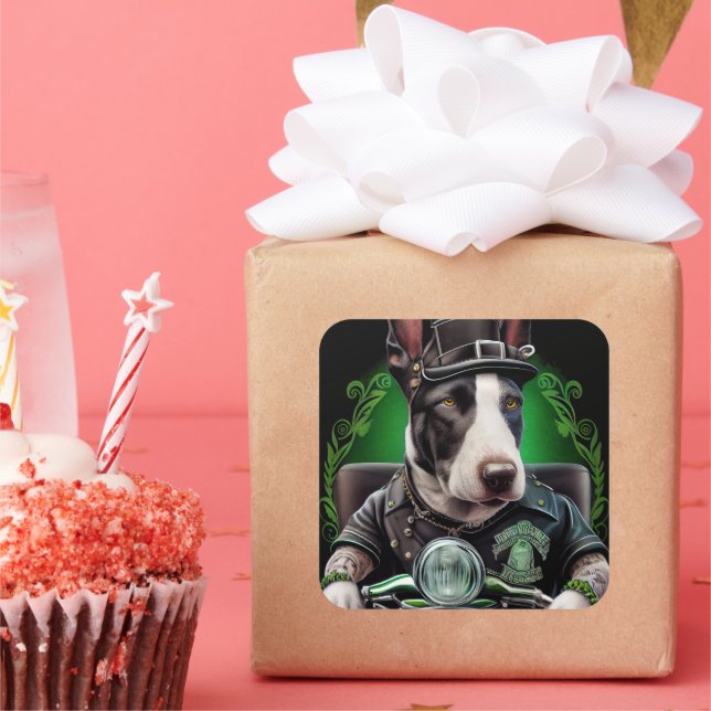 Bull Terrier Dog Driving Bike St. Patrick's Day Square Sticker (Party)