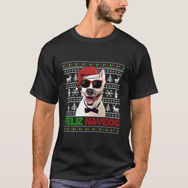Bull Terrier Dog Feliz Navidog Funny Christmas T-Shirt (Front)