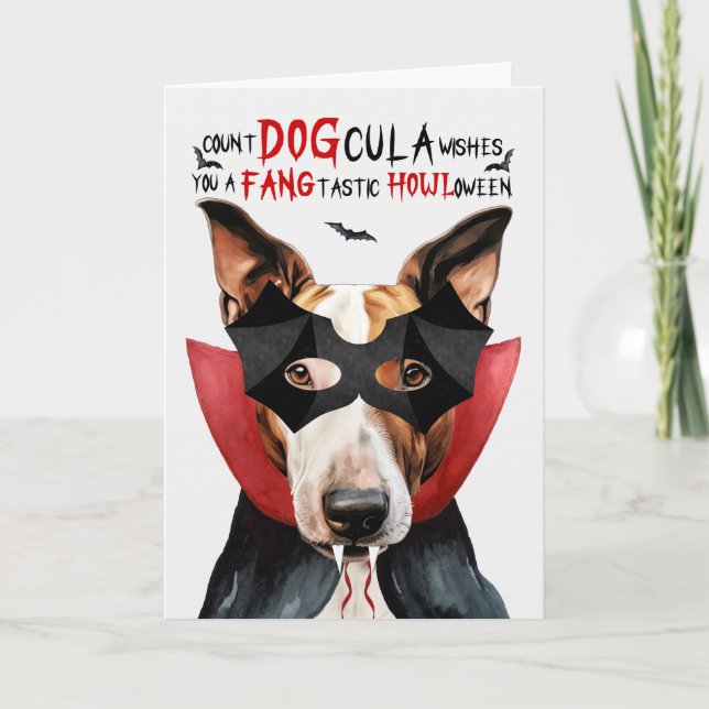 Bull Terrier Dog Funny Count DOGcula Halloween Holiday Card (Front)