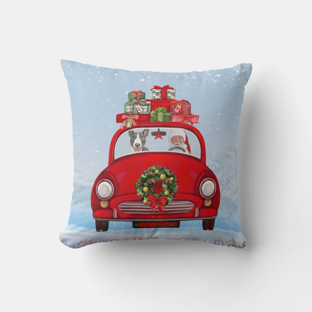 Bull Terrier Dog In Car With Santa Claus Cushion (Front)