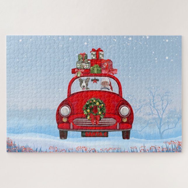 Bull Terrier Dog In Car With Santa Claus Jigsaw Puzzle (Horizontal)