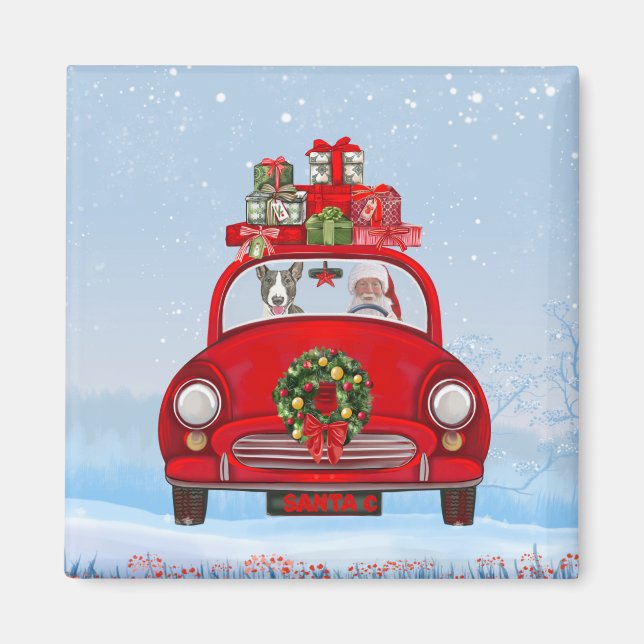 Bull Terrier Dog In Car With Santa Claus Magnet (Front)