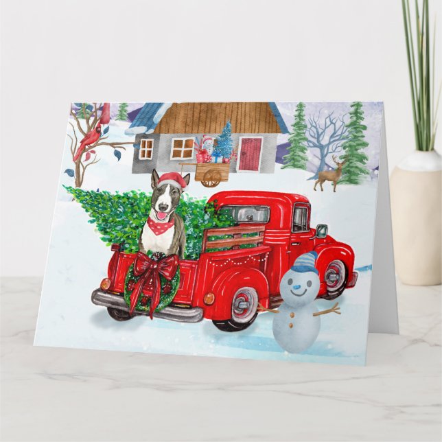 Bull Terrier dog In Christmas Delivery Truck Snow  Card (Front)