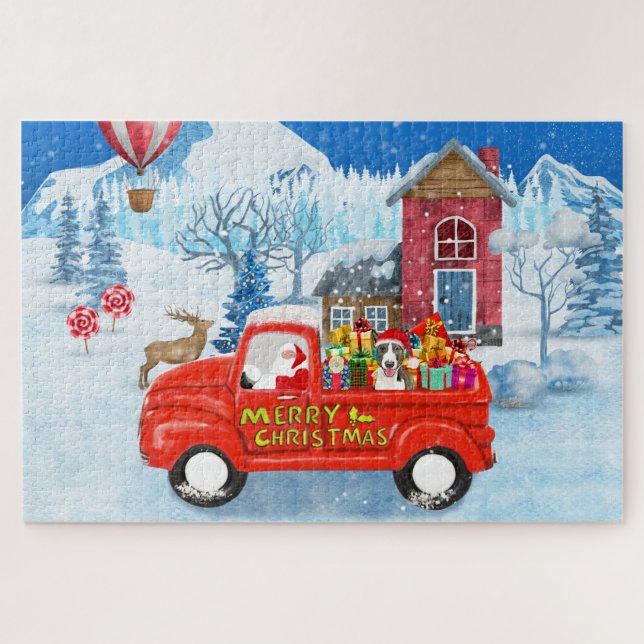 Bull Terrier Dog in Christmas Delivery Truck Snow Jigsaw Puzzle (Horizontal)