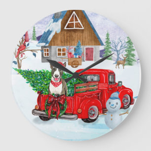 Bull Terrier dog In Christmas Delivery Truck Snow Large Clock