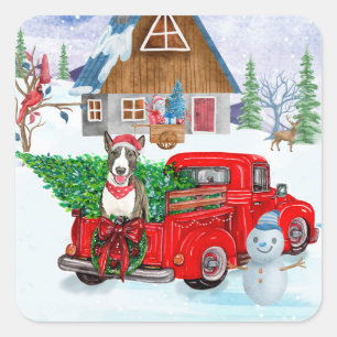 Bull Terrier dog In Christmas Delivery Truck Snow Square Sticker