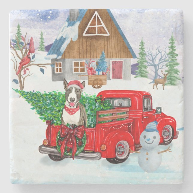 Bull Terrier dog In Christmas Delivery Truck Snow  Stone Coaster (Front)