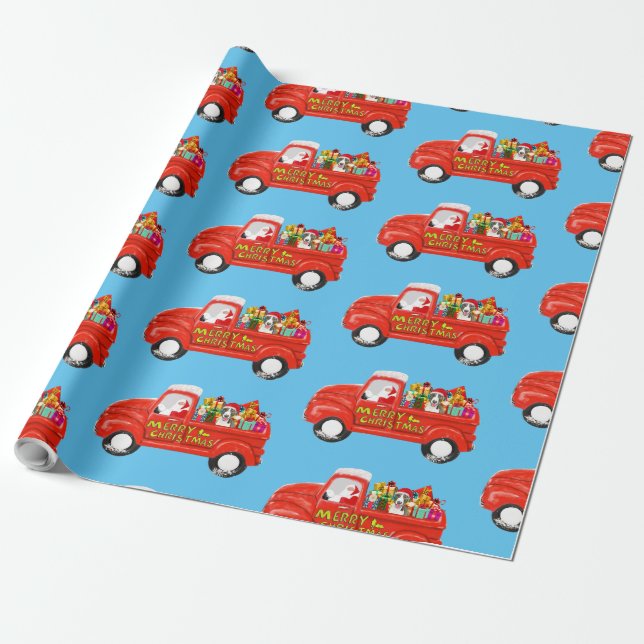 Bull Terrier Dog in Christmas Delivery Truck Wrapping Paper (Unrolled)