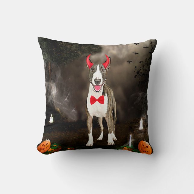 Bull Terrier Dog in Halloween Costume Cushion (Front)