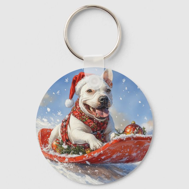 Bull Terrier Dog in Sledge Let it Snow Christmas Key Ring (Front)