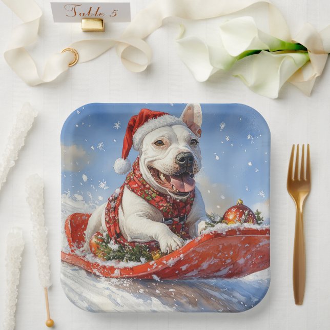Bull Terrier Dog in Sledge Let it Snow Christmas Paper Plate (Wedding)