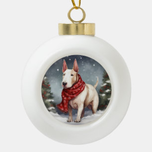 Bull Terrier Dog in Snow Christmas  Ceramic Ball Christmas Ornament