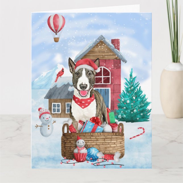 Bull Terrier Dog In snow Christmas Dog House Card (Front)