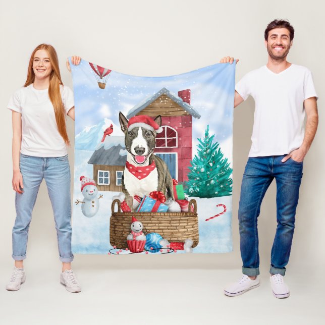 Bull Terrier Dog In snow Christmas Dog House Fleece Blanket (In Situ)