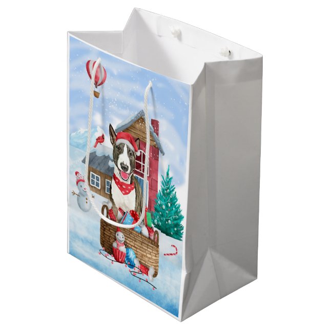 Bull Terrier Dog In snow Christmas Dog House Medium Gift Bag (Front Angled)
