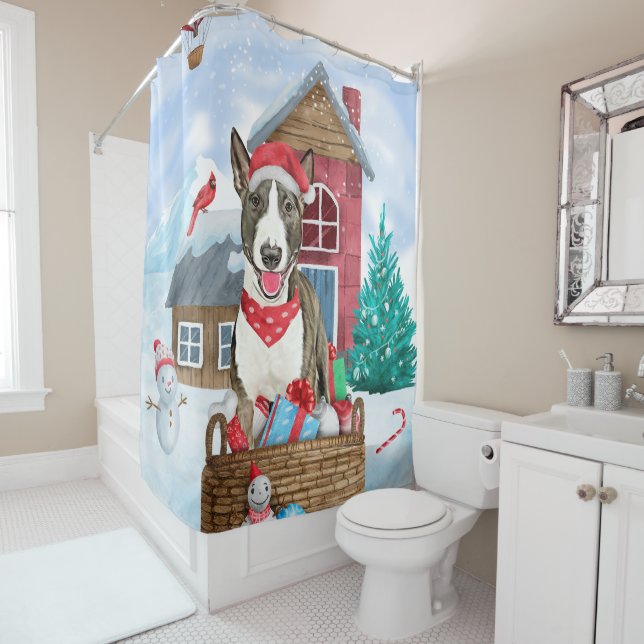 Bull Terrier Dog In snow Christmas Dog House Shower Curtain (In Situ)