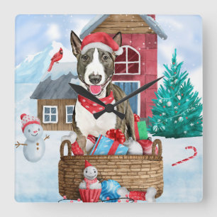 Bull Terrier Dog In snow Christmas Dog House Square Wall Clock