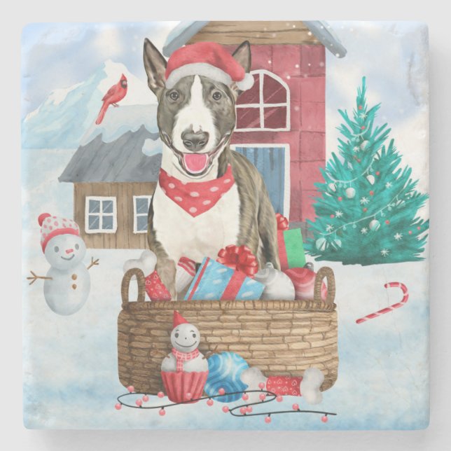 Bull Terrier Dog In snow Christmas Dog House Stone Coaster (Front)