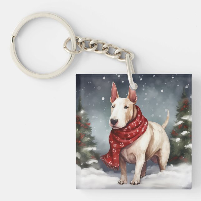 Bull Terrier Dog in Snow Christmas  Key Ring (Front)