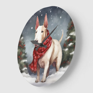 Bull Terrier Dog in Snow Christmas  Large Clock