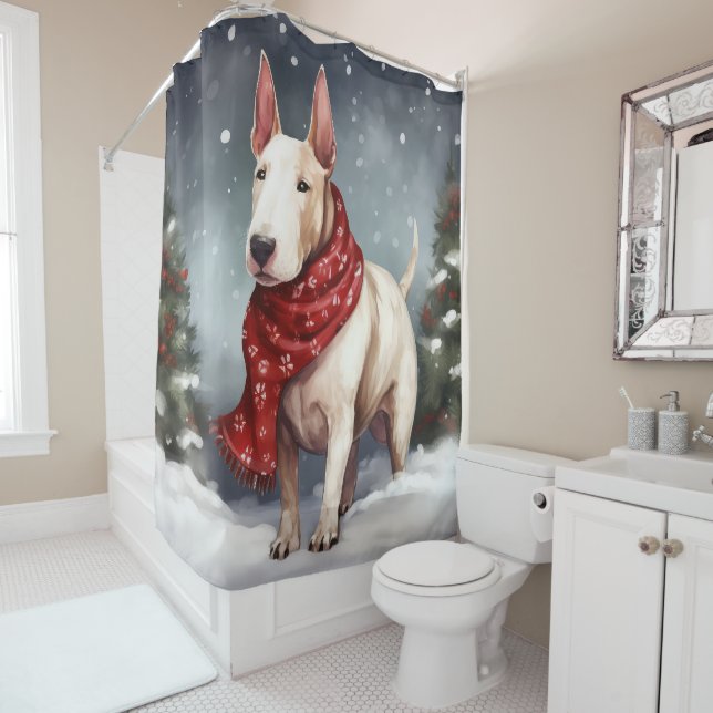 Bull Terrier Dog in Snow Christmas  Shower Curtain (In Situ)