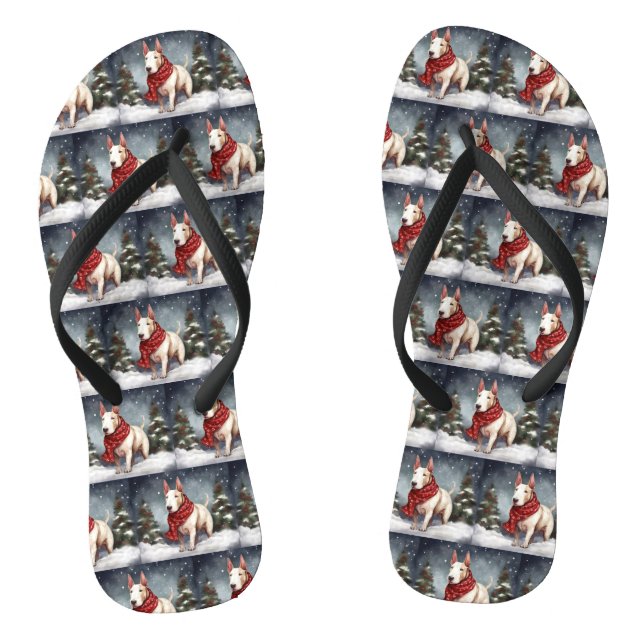 Bull Terrier Dog in Snow Christmas  Thongs (Footbed)