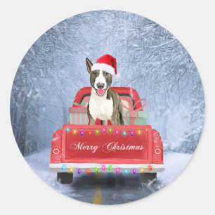 Bull Terrier Dog in Snow sitting in Christmas Classic Round Sticker